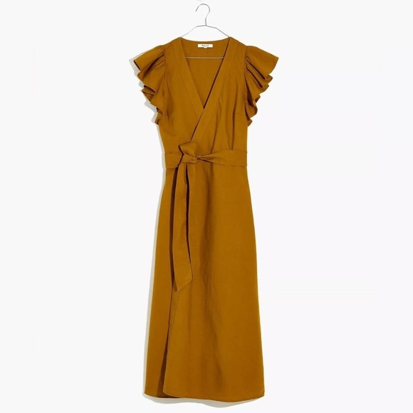 Madewell Linen-Blend Ruffle-Sleeve Wrap Midi Dress, Size S - Picture 5 of 16